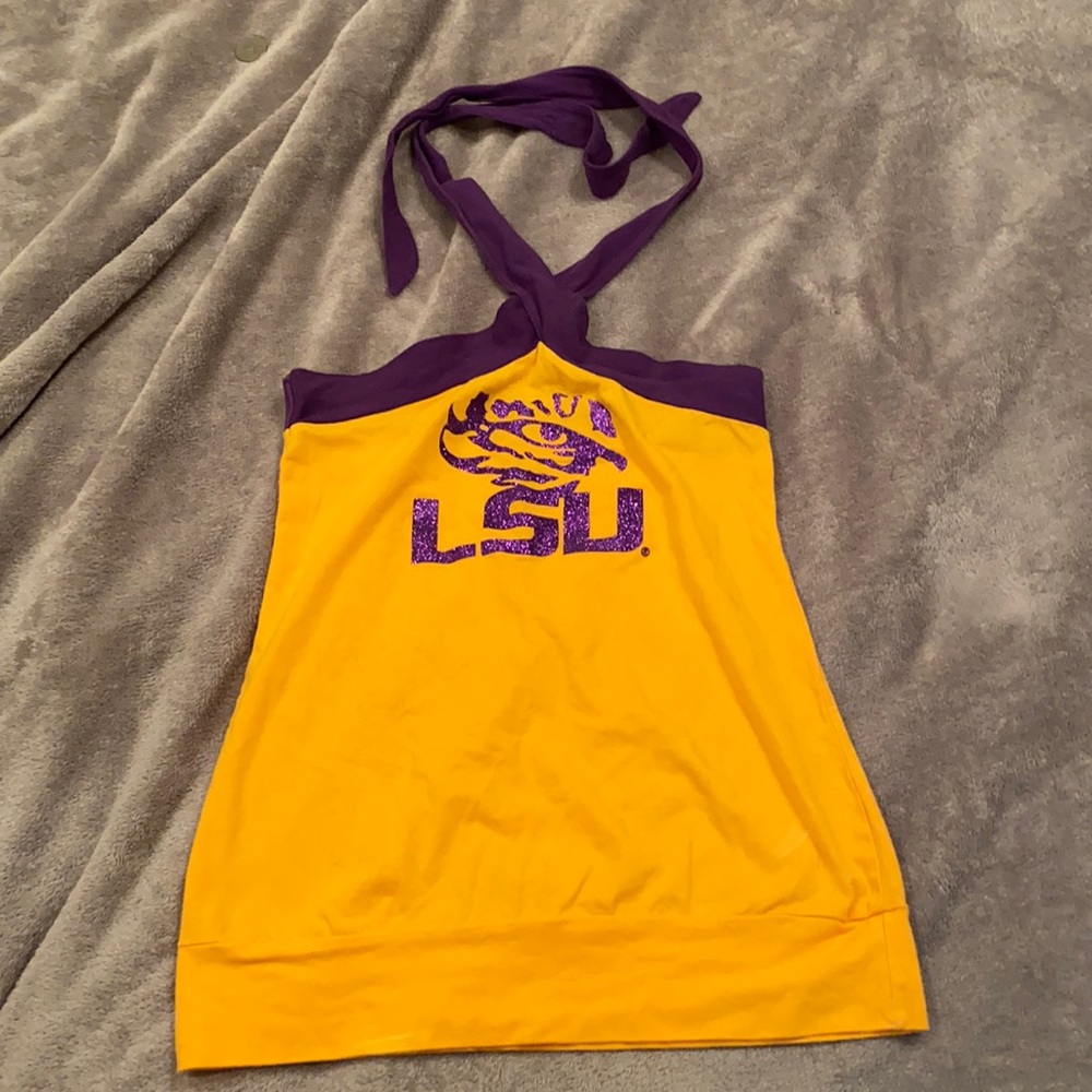 this is a purple and gold lsu shirt size small